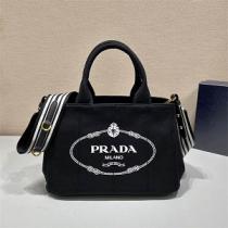 PRADAハンドバッグ新品プラダコピー ☽ストライプ 白/黒色/ブルー色2022トレンドキャンバス生地上品